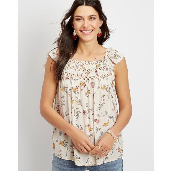 Maurices Tan Floral Lattice Yoke Flutter Sleeve Bohemian Top NWT - Picture 1 of 10